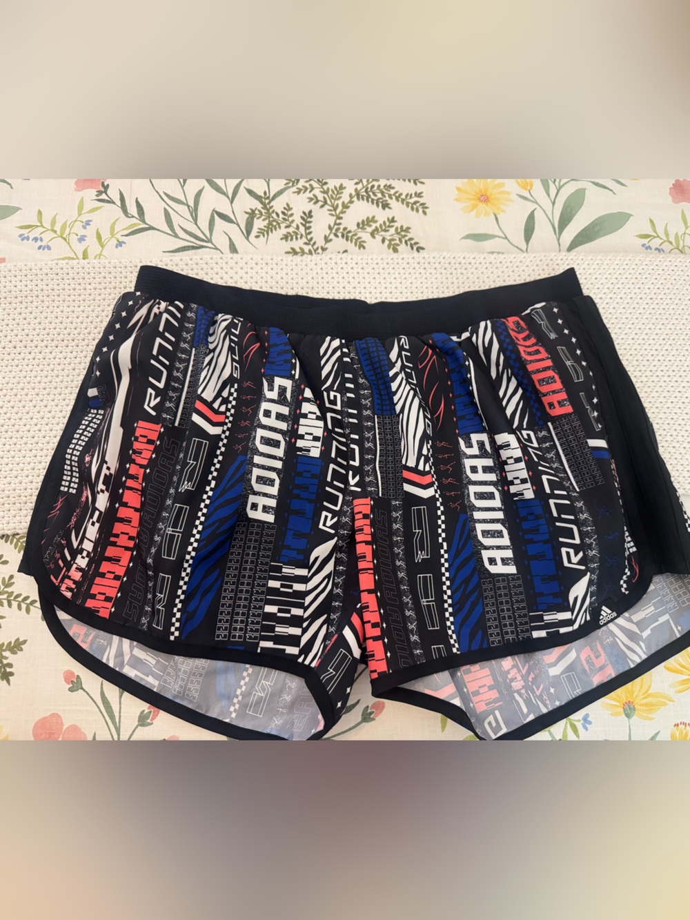 adidas Black Graphic Running Shorts with Blue & Red Accents